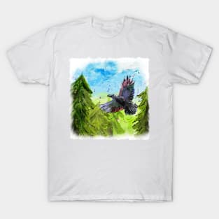 Happy Raven flying through the forest T-Shirt